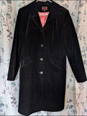 Gallery Black Velvet Trench Coat with Pink Lining